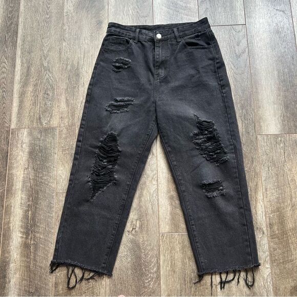 Shein Faded Black High Waist Distressed Wide Straight Leg Jeans Size Large - Picture 6 of 13